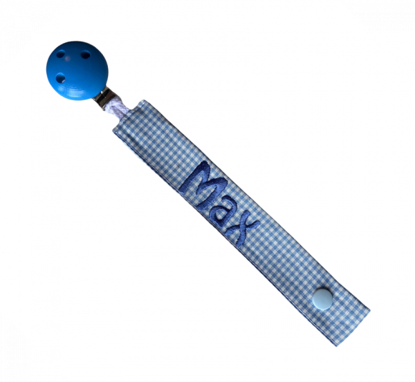 Schnullerband Vichykaro hellblau mit Namensstickerei in Wunschfarbe - personalisierbar